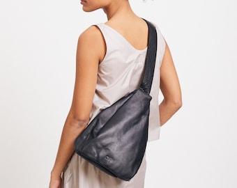 Leather Sling Bag, Soft Leather Sling, Black Sling Bag, Large Leather Fanny Pack, Women Chest Bag & Backpack