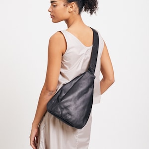 Black Leather Sling Bag, Soft Leather Sling, Black Sling Bag, Large Leather Fanny Pack, Women Chest Bag & Backpack image 1