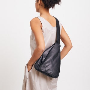 Black Leather Sling Bag, Soft Leather Sling, Black Sling Bag, Large Leather Fanny Pack, Women Chest Bag & Backpack image 3