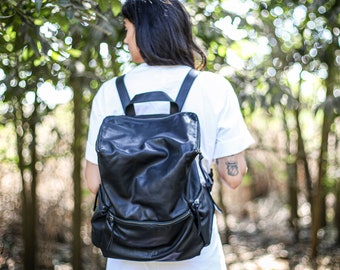 Black Leather Backpack, Laptop Backpack, Women Rucksack, Black Leather Travel Bag, Unisex