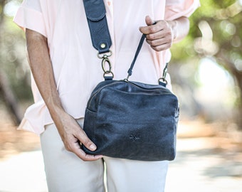 Leather Bag Women Crossbody, Leather Crossbody Bag, Small Leather Purse, Small Leather Bag, Genuine Distressed Leather in Ash Black