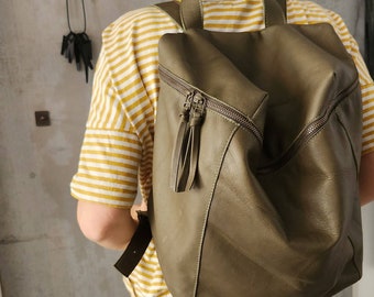 Olive Leather Backpack Women, Travel Bag, School Satchel, Olive Green Leather Rucksack, Handmade Oasis Backpack