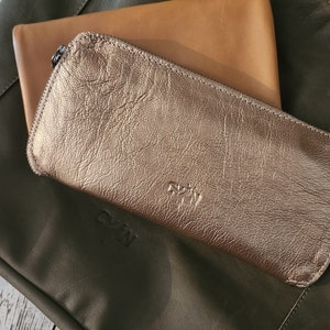 Cartera delgada, cartera de cuero suave, cartera de cuero con cremallera, cartera de mujer, cartera minimalista, cartera de cuero metalizado, regalo para mamá