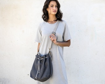 gray Bucket Bag, Women Purse, Drawstring Leather Bag, CrossBody, Gray Bag
