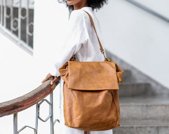 Leather Shoulder Bag, Leather Backpack - Purse, Shoulder Bag , Laptop Leather Bag, Brown Leather Bag, Soft Premium Distressed Leather