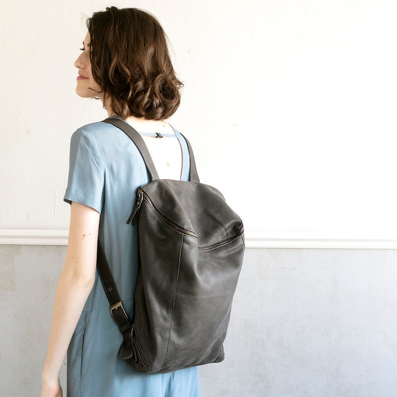 Leather Travel Bag Satchel Bag Rucksack Handmade Women Laptop Bag Gray Leather Bag Women Backpack