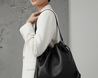 Leather Bucket Bag, Leather Pouch with Drawstring, Leather Shoulder Bag, Bucket Bag Women, 100% Cow Leather Handmade