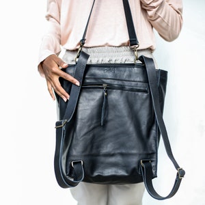 Leather Shoulder / Backpack Bag, Black Leather Backpack Purse, School Leather Bag, Handmade Tote Bag image 5