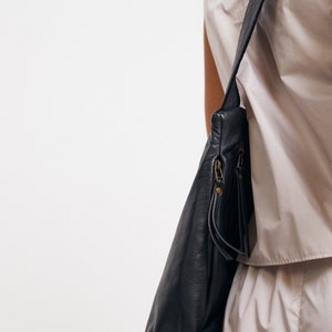 Black Leather Sling Bag, Soft Leather Sling, Black Sling Bag, Large Leather Fanny Pack, Women Chest Bag & Backpack image 6