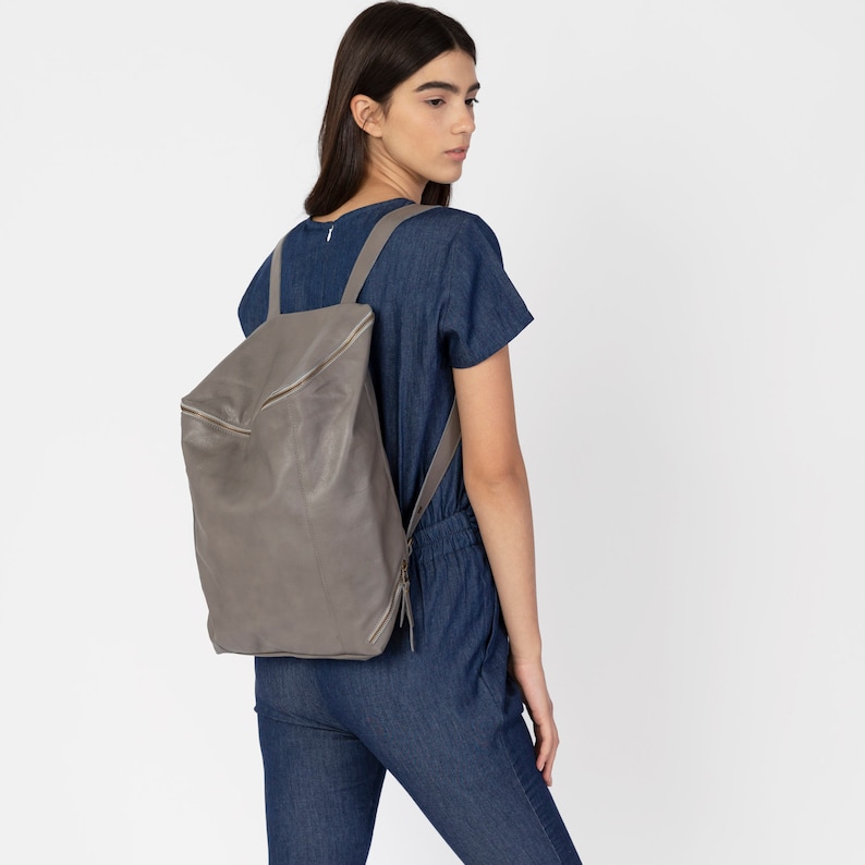Light Gray Leather Backpack, Women Laptop Backpack, School Satchel, Laptop Rucksack Women, Gray Leather Bag image 1