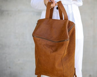 Zaino in pelle marrone, borsa per laptop, zaino per pannolino, borsa a borsa da donna, borsa in pelle marrone miele, fatta a mano - Honey Brown Lou