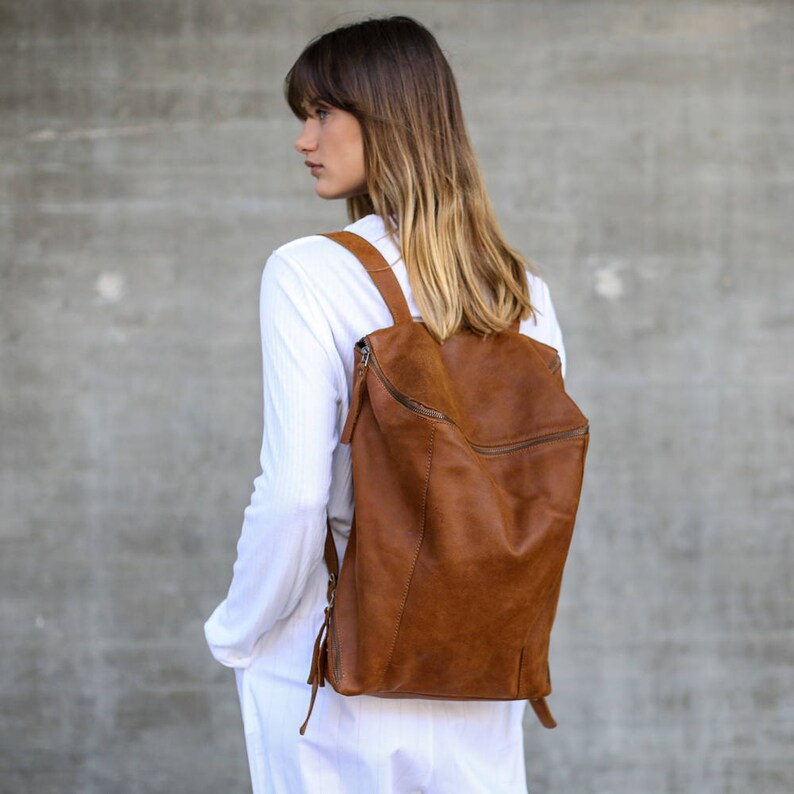 Brown Leather Backpack Women, Travel Bag, School Satchel, Honey Brown Leather Rucksack, Handmade Brown Lou image 1