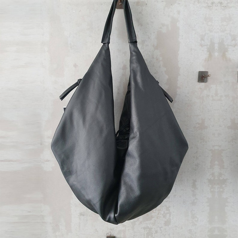 Handcraft Leather Shoulder Bag, Black Shoulder Purse, Tote Leather Bag, Carryall Leather Shopper Bag image 1