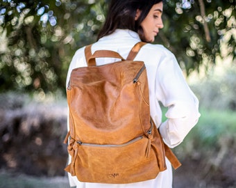 Brown Leather Backpack,  Women Travel Bag, Large Backpack, Honey Brown Leather Bag, Handmade - Honey Brown Alex