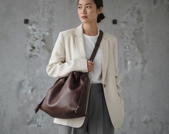 Leather Bucket Bag, Handmade Leather Shoulder Pouch, Crossover Purse, genuine leather bag