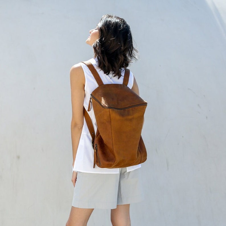 Leather Backpack Purse Woman, Leather Backpack Purse, Handmade Leather Backpack, Everyday Backpack for Women in Honey Brown image 2