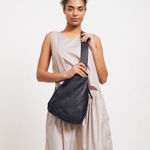 Black Leather Sling Bag, Soft Leather Sling, Black Sling Bag, Large Leather Fanny Pack, Women Chest Bag & Backpack image 4