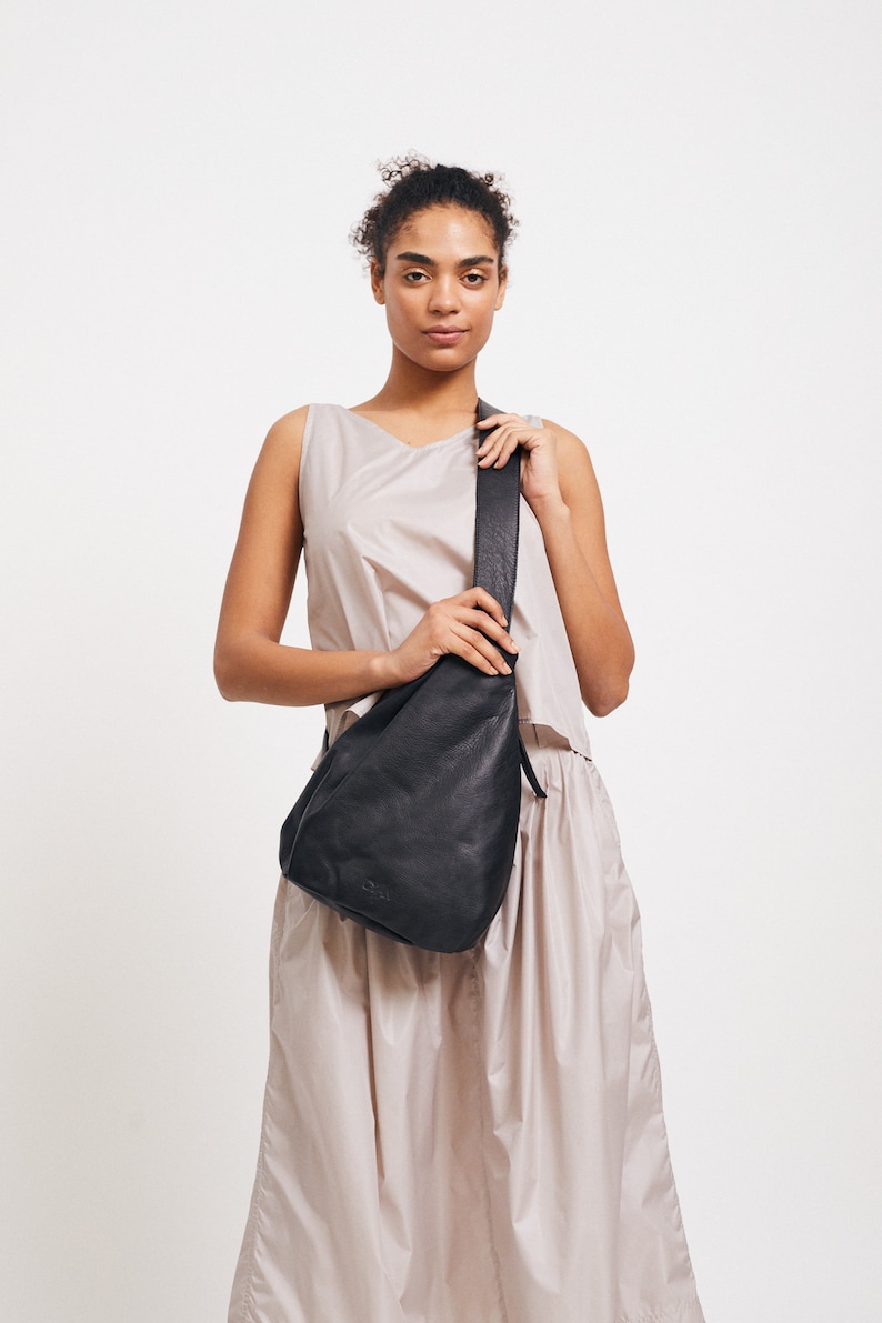 Black Leather Sling Bag, Soft Leather Sling, Black Sling Bag, Large Leather Fanny Pack, Women Chest Bag & Backpack image 4