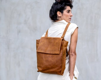 Brown Leather Backpack Purse, Women Laptop Bag, Travel Bag, Women Work Bag, Honey Brown Laptop Leather Bag, Handmade