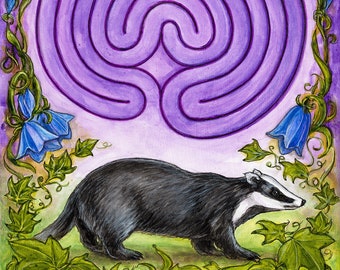 BADGER&#39;S LABYRINTH Europees dassenlabyrint harebell dier wildlife meditatie limited edition mythische fine art print