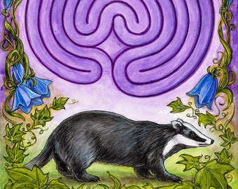 BADGER'S LABYRINTH European badger labyrinth harebell animal wildlife meditation limited edition mythic fine art print