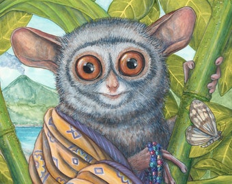 May include: A watercolor painting of a tarsier with large eyes, wrapped in a patterned cloth, holding a beaded necklace and a gold pendant. The background includes green leaves, bamboo, butterflies, and a landscape with a volcano and water.