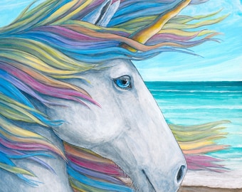 Alba de Dappere eenhoorn regenboog portret strand oceaan mythisch wezen