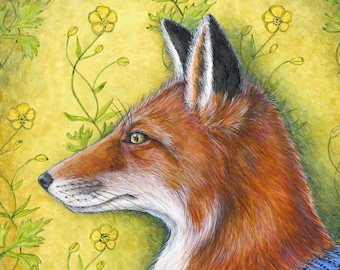 May include: A watercolor painting of a fox in profile, featuring reddish-brown fur, a black and white ear, and a blue ruffled collar. The background is yellow with floral and vine details.