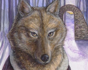 May include: Watercolor painting of a wolf wearing a red and black plaid shirt. The wolf has brown fur and intense yellow eyes. The background features a forest scene with a stone archway.