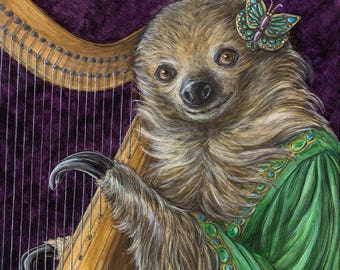 Madame Isolda limited edition fine art print two toed sloth celtic folk harp butterfly animal portrait