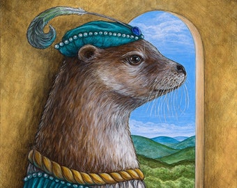 May include: An artistic illustration of an otter wearing a teal hat with pearls and a matching teal and gold robe. The otter is looking out a window at a landscape with mountains and a caterpillar.