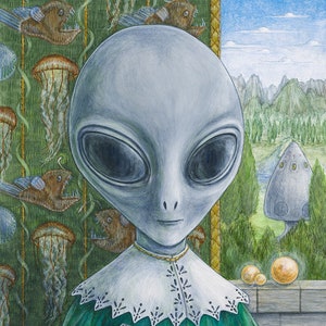 Alien Renaissance portrait &quot;La Turista&quot; limited edition fine art print grey ufo orbs jellyfish angler fish extraterrestrial