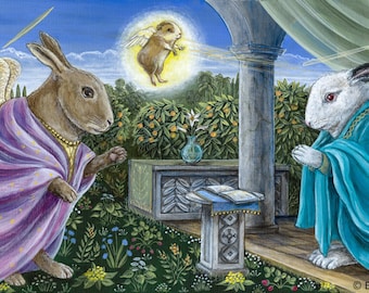 May include: An artistic painting depicts two anthropomorphic rabbits in robes, one with angel wings. A small, winged creature hovers in a halo of light. The scene is set in a garden with classical architecture and a book on a pedestal.