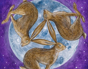 Triple Hare Moon limited edition fine art giclee print European hare triskele rabbit motif full moon celestial mythical folklore