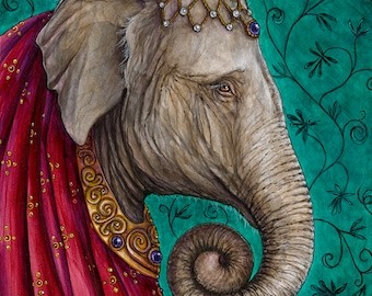 May include: An artistic illustration of an elephant's head in profile, adorned with a jeweled headdress and a red and gold ceremonial garment. The background is teal with a floral pattern. The elephant's trunk is curled.