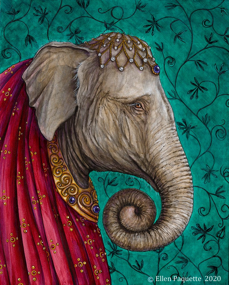 Het Matriarch portret Aziatische olifant Indiase olifant bedreigde diersoort pachyderm giclee dier kunst print