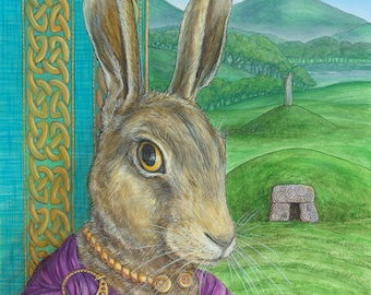 The Bard EUROPEAN HARE Renaissance animal portrait limited edition print rabbit standing stones megalith celtic knotwork Ancient Britain