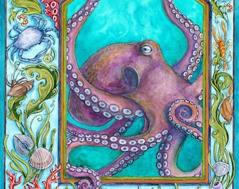 May include: A watercolor illustration of an octopus with purple tentacles, framed within a teal border. The artwork features various sea creatures like crabs, coral, and shells, creating a vibrant underwater scene. The octopus is the focal point, with detailed shading and a curious gaze.