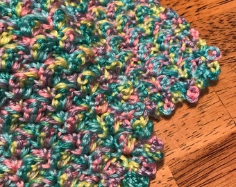 Handmade Crochet Baby Blanket Pink, Green & Yellow 34" x 34" Nursery Baby Blanket, Baby Gift, Tummy Time Blanket, Baby Bedding