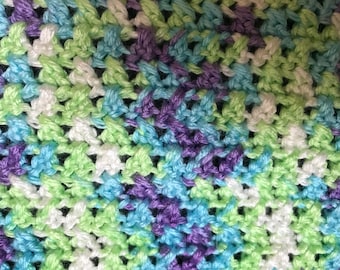 Handmade Crochet Baby Blanket Green Blue, Purple & White 38" x 34" Nursery Baby Blanket, Baby Gift, Tummy Time Blanket, Baby Bedding