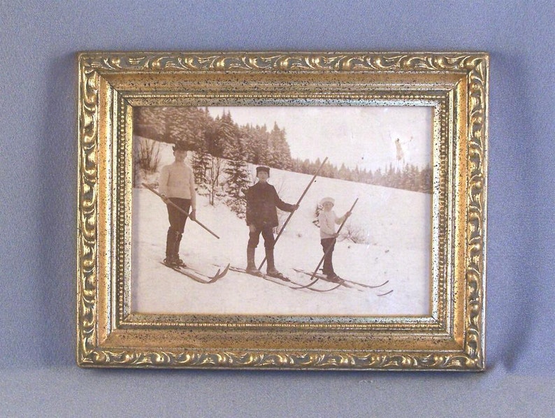 Early 1900/'s Framed Sepia Photograph Nostalgic 3 Boys Cross Country Skiing in Europe Re-purposed Memories