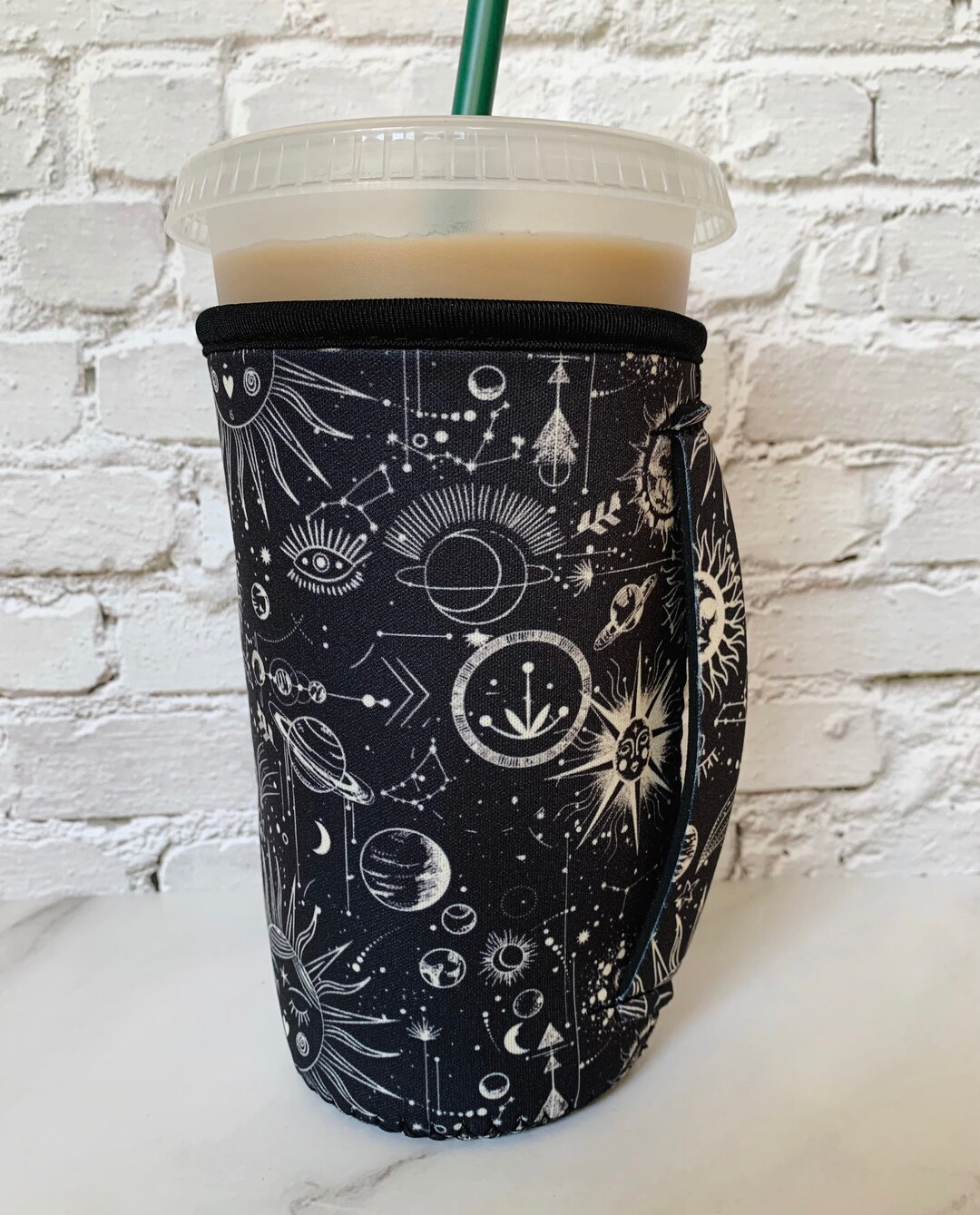Iced Coffee Sleeve With Handle Large Boho Moon and Sun Celestial Print