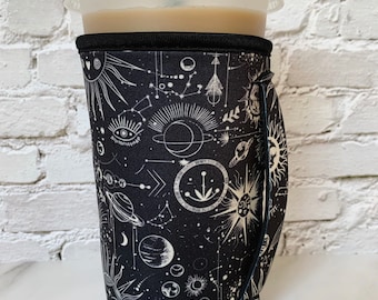 Iced Coffee Sleeve With Handle - Large - Boho Moon and Sun Celestial Print  Iced Coffee Cup Holder, Beverage holder for Loaded tea