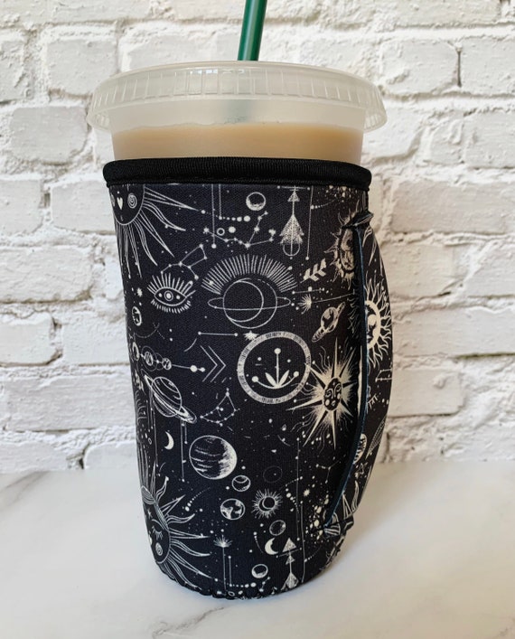 Iced Coffee Sleeve With Handle Large Boho Moon and Sun Celestial