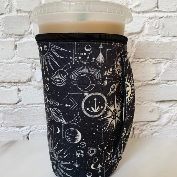 Iced Coffee Sleeve With Handle - Large - Boho Moon and Sun Celestial Print  Iced Coffee Cup Holder, Beverage holder for Loaded tea