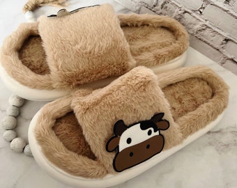 Cozy Cow Slippers, Fuzzy Cow Slippers, Cow House Shoes for Women