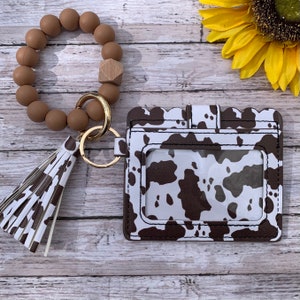 Cow Print Wristlet Wallet Key Chain Wallet Card Holder with Cow Print Bracelet Silicone Beads Gift for Cow Lovers Cow Print Accessories Brown