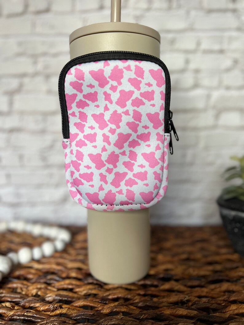 40oz Tumbler Pouch Accessory Pink/Black Cow Print Holder Adjustable Tumbler Pouch Gifts for Teens Tumbler Accessory Cow Print Gift image 3