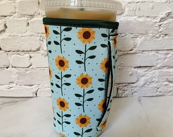 Iced Coffee Sleeve with Handle - LARGE- Cup Sleeve for Iced Coffee, Sunflower Drink Sleeve with Handle, Sunflower Gift, Loaded Tea Sleeve