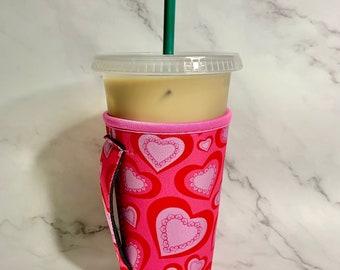Iced Coffee Sleeve with Handle - Medium - Valentine’s Day Pink Hearts,  Iced Coffee Cup Holder, Beverage holder, Drink holder with handle